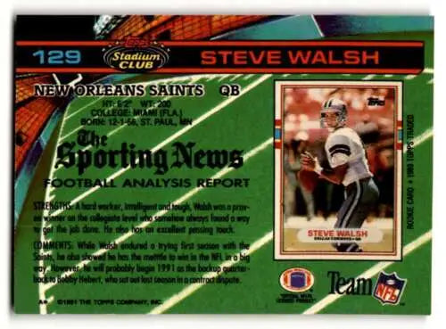 1991 Stadium Club #129 Steve Walsh New Orleans Saints Football Card Original Gloss