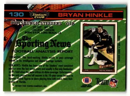 1991 Stadium Club #130 Bryan Hinkle Pittsburgh Steelers Football Card Original Gloss