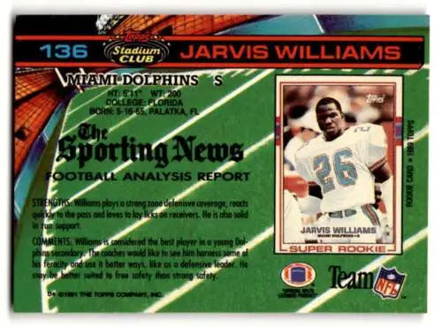 Original gloss Jarvis Williams Miami Dolphins football card from 1991 Stadium Club