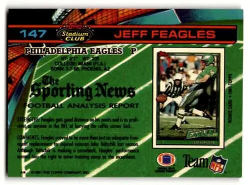 Jeff Feagles Philadelphia Eagles football card with original gloss 1991 Stadium Club #147