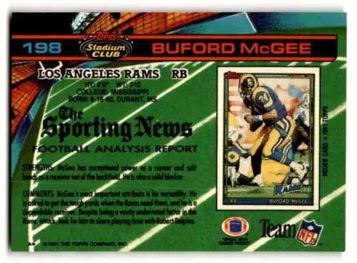 Buford McGee Los Angeles Rams football card featuring original gloss 1991 Stadium Club #198