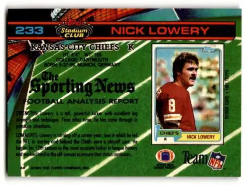 1991 Stadium Club #233 Nick Lowery Kansas City Chiefs Football Card with original gloss