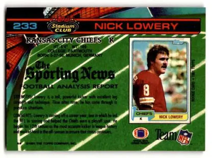 1991 Stadium Club #233 Nick Lowery Kansas City Chiefs Football Card with original gloss