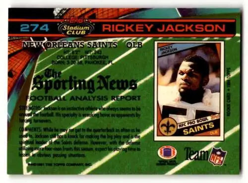 1991 Stadium Club #274 Rickey Jackson New Orleans Saints Football Card with original gloss