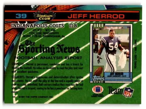 Jeff Herrod Indianapolis Colts football card 1991 Stadium Club original gloss product