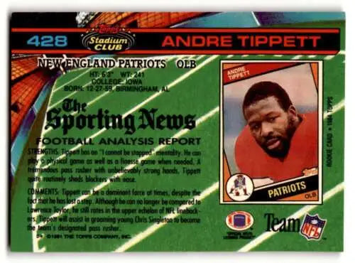 1991 Stadium Club #428 Andre Tippett Football Card featuring original gloss, England Patriots Football