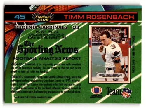 1991 Stadium Club #45 Timm Rosenbach Phoenix Cardinals Football Card original gloss