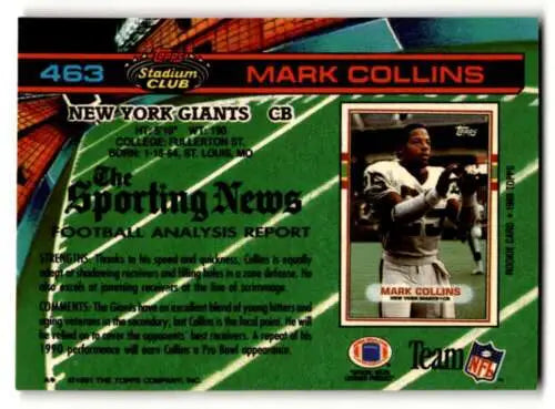1991 Stadium Club #463 Mark Collins New York Giants football card with original gloss