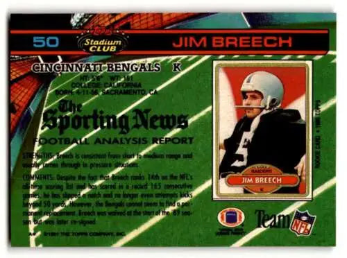 Jim Breech Cincinnati Bengals football card with original gloss 1991 Stadium Club #50