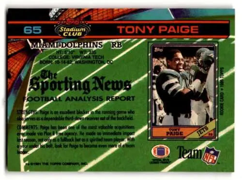 Tony Paige Miami Dolphins football card 1991 Stadium Club original gloss collectible