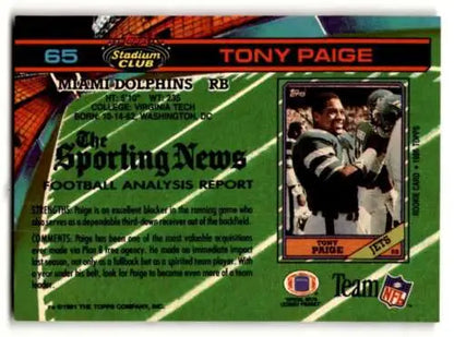 Tony Paige Miami Dolphins football card 1991 Stadium Club original gloss collectible