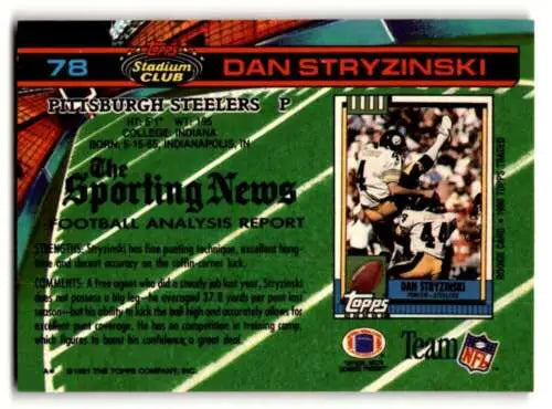 Back of 1991 Stadium Club #78 Dan Stryzinski Pittsburgh Steelers Football Card, original gloss