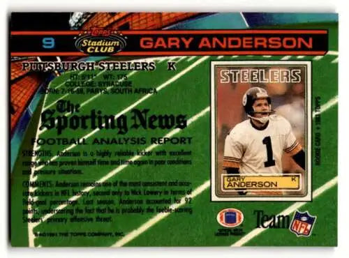 1991 Stadium Club #9 Gary Anderson Pittsburgh Steelers football card with original gloss