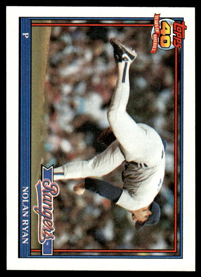 Nolan Ryan performing a backflip on the field in a Texas Rangers baseball card