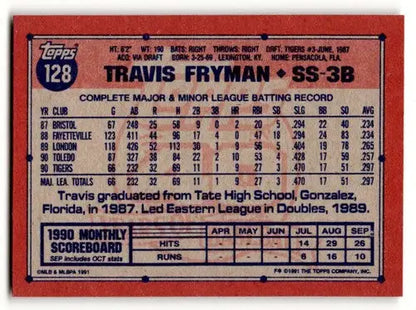 Original gloss Travis Fryman Detroit Tigers baseball card from 1991 Topps #128