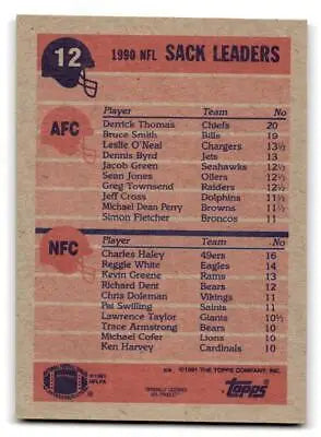 1991 Topps #12a trading card featuring 1990 Sacks Leaders Derrick Thomas and Charles Haley