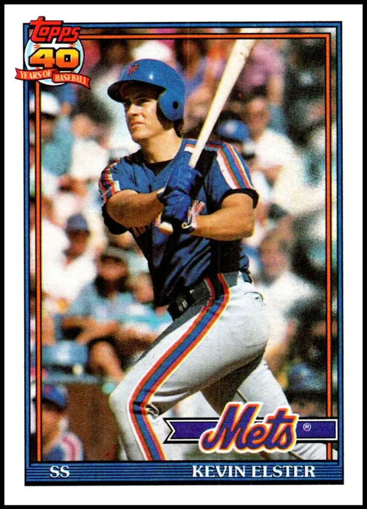 Baseball card of Kevin Elster in New York Mets uniform with blue batting helmet