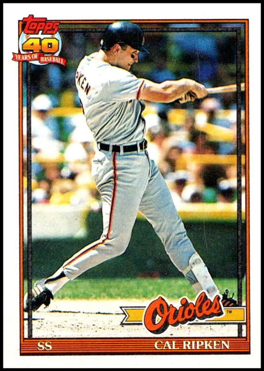 1991 Topps Cal Ripken Jr. Baltimore Orioles baseball card with player at bat