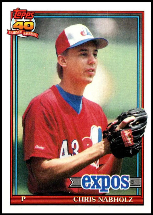 Baseball card of Chris Nabholz in red uniform, Montreal Expos pitcher