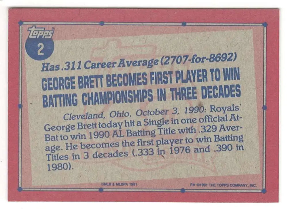 Vintage 1991 Topps Baseball Card featuring George Brett, Kansas City Royals legend