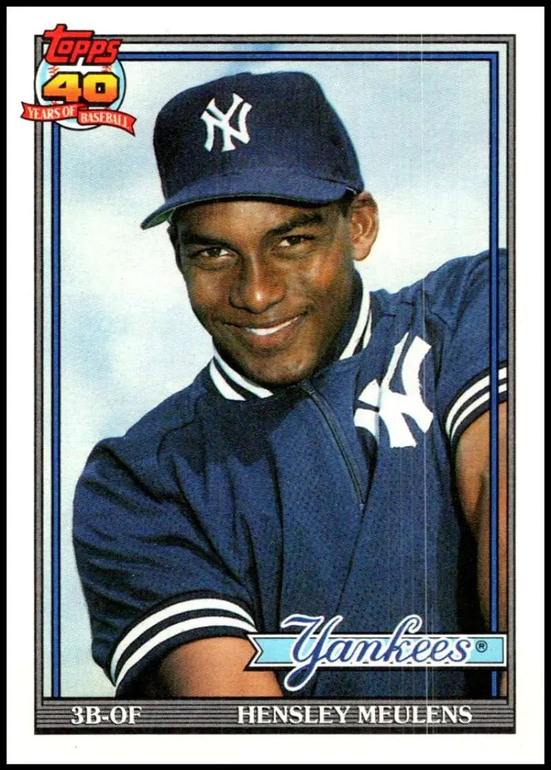 Baseball card of Hensley Meulens in New York Yankees cap and uniform