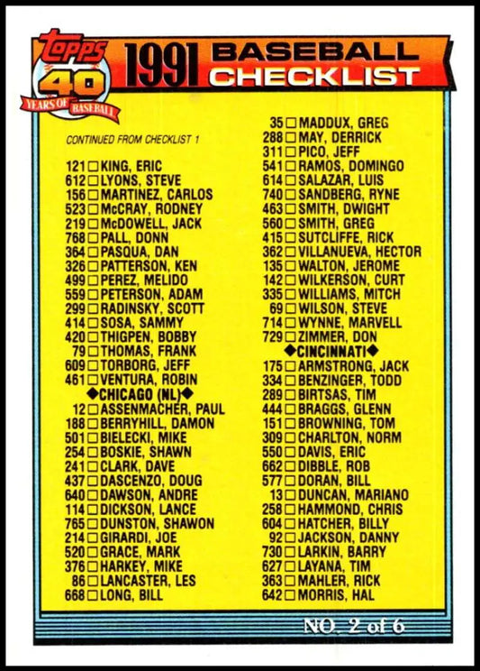 Baseball card checklist from Topps 1991 series featuring player names and numbers