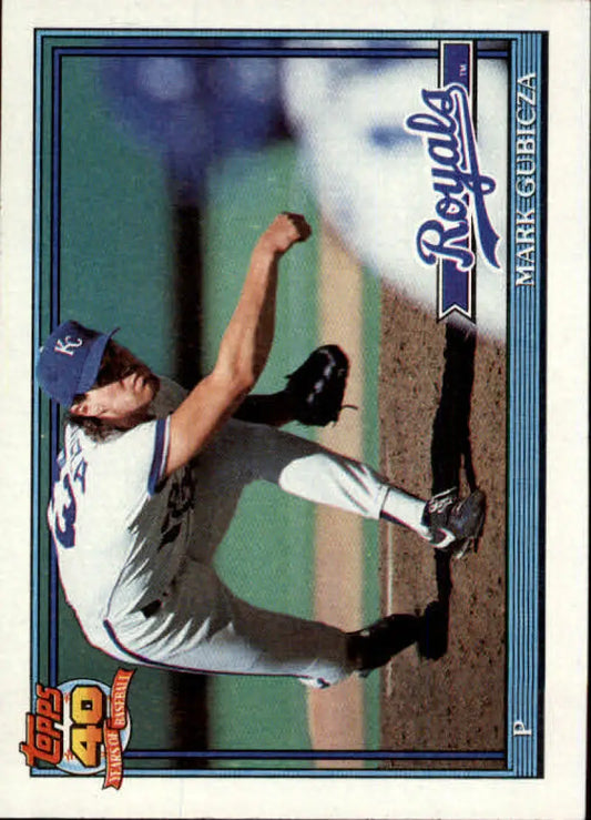 Baseball pitcher Mark Gubicza delivering in Kansas City Royals uniform card design