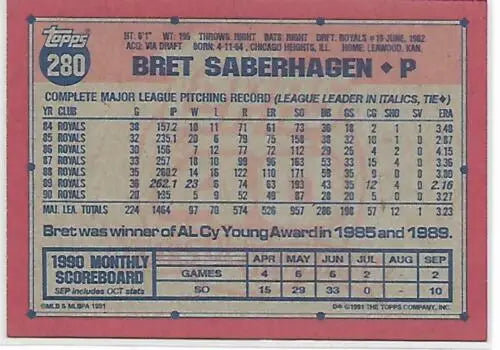 1991 Topps #280 Bret Saberhagen baseball card with original gloss, NM-MT condition