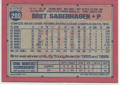1991 Topps #280 Bret Saberhagen baseball card with original gloss, NM-MT condition