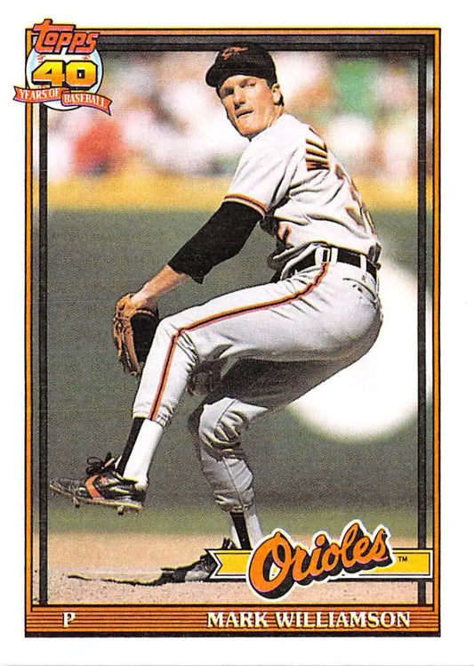Baseball player Mark Williamson mid-pitching in Baltimore Orioles uniform baseball card
