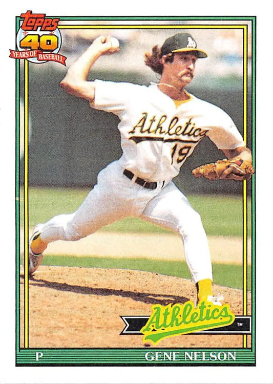 Baseball card of Gene Nelson in mid-throw, showcasing Oakland Athletics pitcher