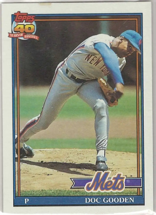1991 Topps Baseball Card of Dwight Gooden delivering for the New York Mets