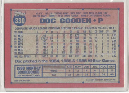 Dwight Gooden New York Mets Baseball Card from 1990 Topps showcasing pitching stats