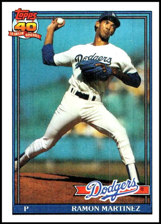 Topps baseball card of Los Angeles Dodgers pitcher Ramon Martinez in mid-throw