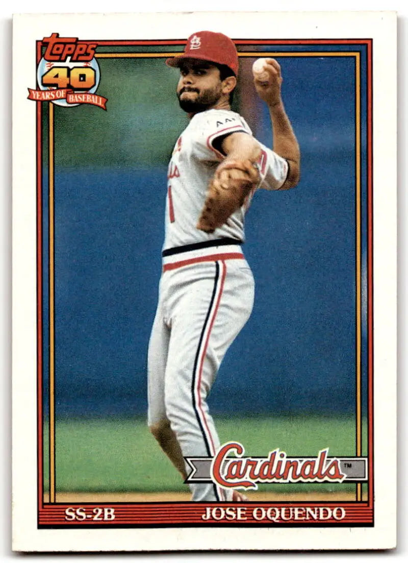 Jose Oquendo mid-pitching in white and red uniform on St. Louis Cardinals baseball card