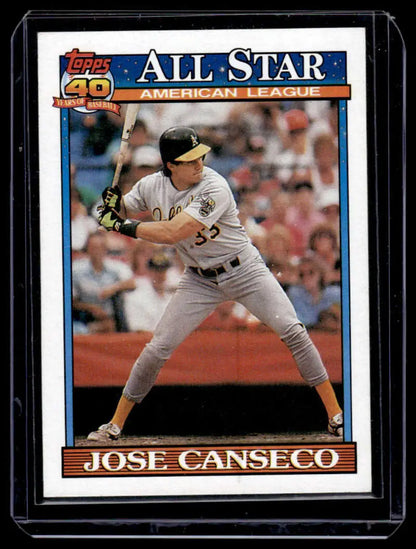 Baseball card of Jose Canseco in gray uniform for Oakland Athletics at bat