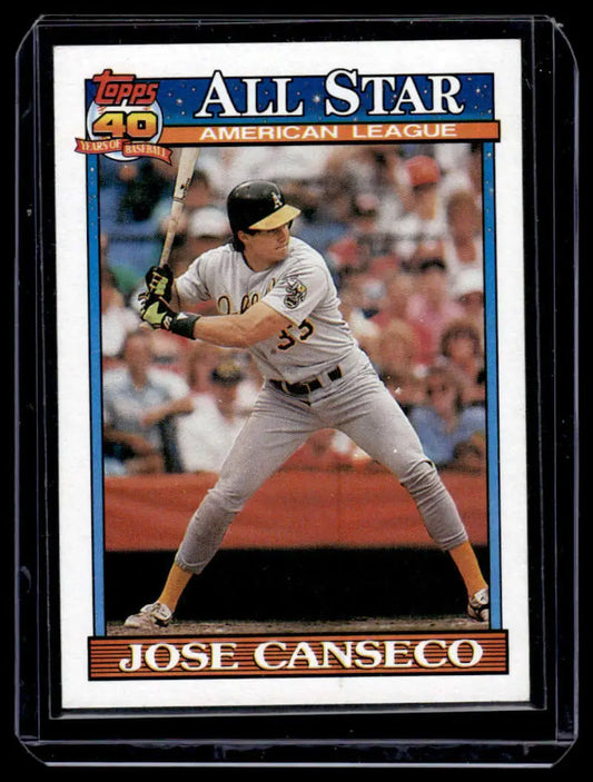 Baseball card of Jose Canseco in gray uniform for Oakland Athletics at bat