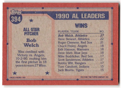 1991 Topps #394 Bob Welch Oakland Athletics Baseball Card with 1990 AL pitching wins leaders stats