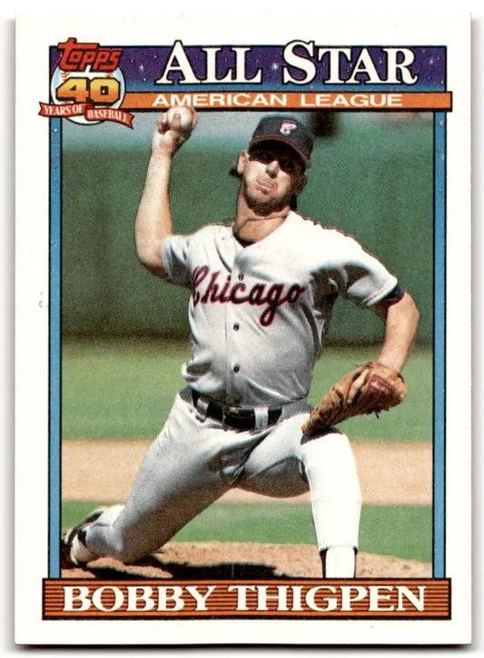 Vintage Topps All-Star baseball card of Chicago White Sox pitcher in mid-throw