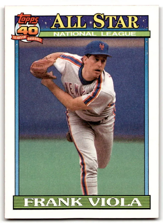 New York Mets baseball card of Frank Viola in mid-throwing motion, white uniform