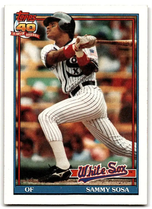 Baseball card of Sammy Sosa in pinstriped uniform for Chicago White Sox