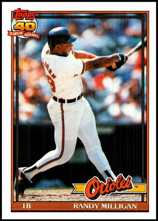 1991 Topps Randy Milligan Baseball Card featuring Baltimore Orioles player at bat