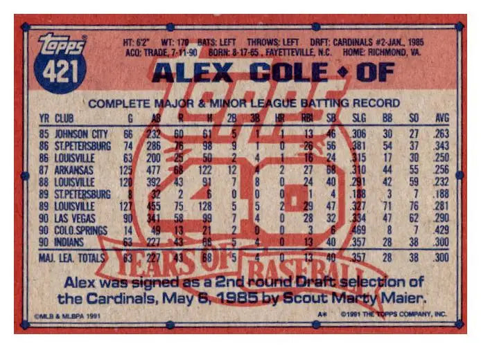 1991 Topps #421b Alex Cole - Trading Card