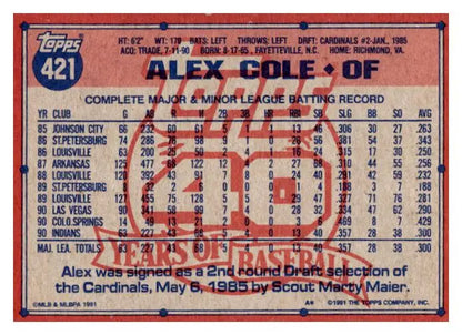 1991 Topps #421b Alex Cole - Trading Card