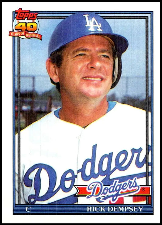 Baseball card of Rick Dempsey in Los Angeles Dodgers blue cap and white uniform