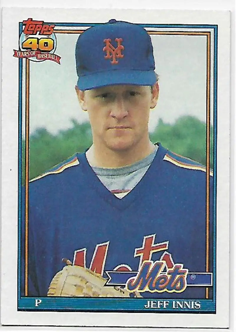 Baseball card of Jeff Innis in New York Mets blue uniform and cap