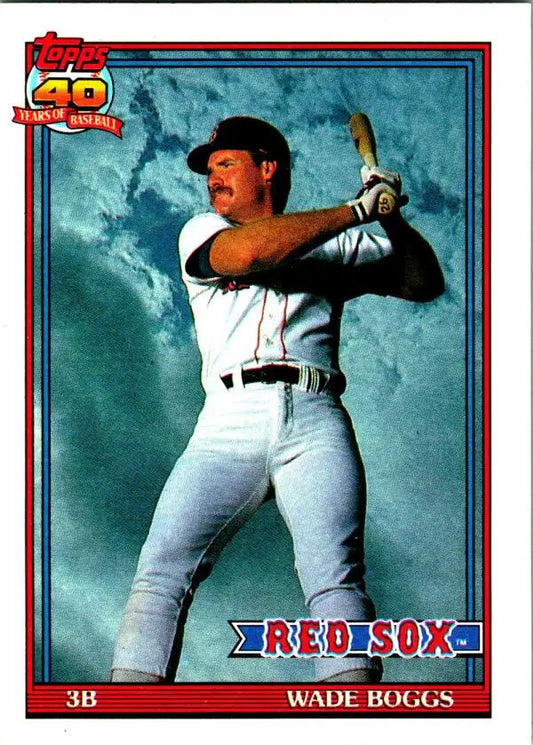 Baseball card of Wade Boggs in batting stance, Boston Red Sox white uniform