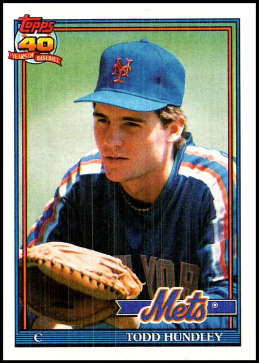 Baseball card of Todd Hundley in New York Mets cap and uniform from 1991 Topps