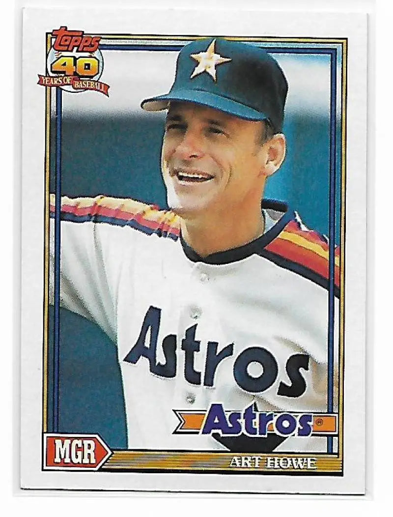 Houston Astros baseball card featuring Art Howe in a white uniform with rainbow sleeves