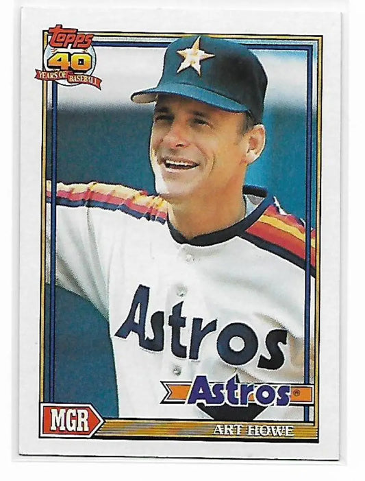 Houston Astros baseball card featuring Art Howe in a white uniform with rainbow sleeves
